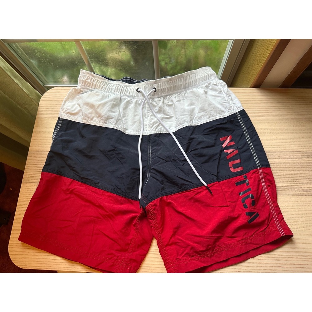 Nautica Mens Swim Trunks Colorblock Board Shorts Navy Blue Red White Size Small